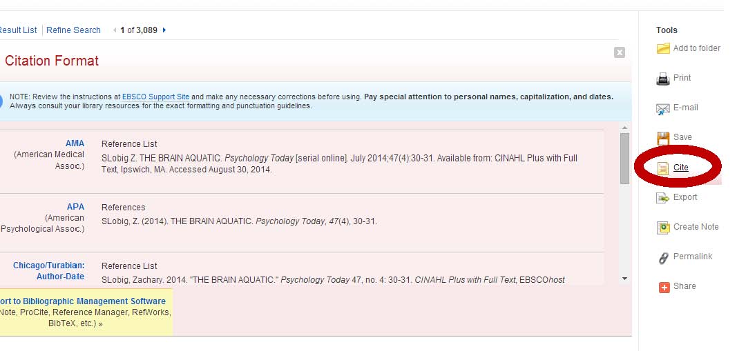 Sample Image of Citation Tools Offered in GCC Library Databases