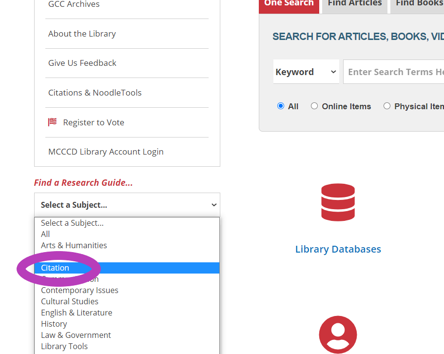 Cite Sources Link can be found in the Research Guides drop-dwon under the Research Menu on the Library Home Page