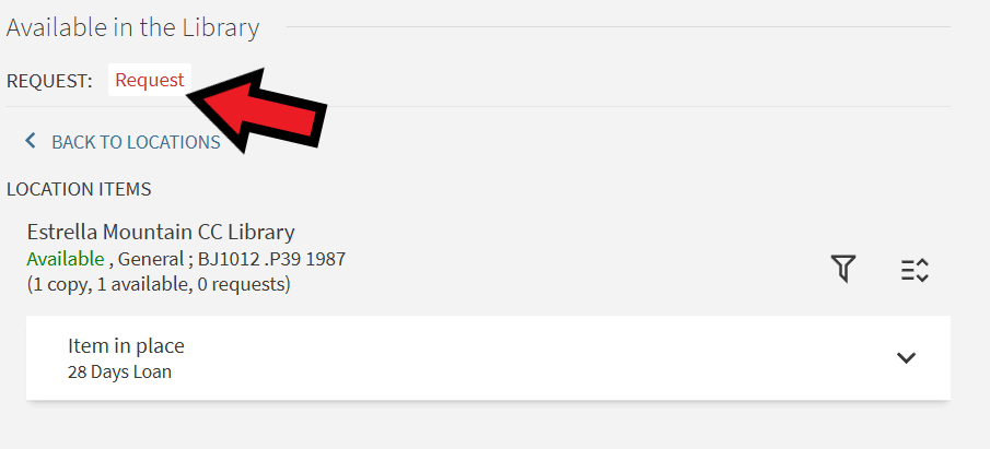 The details page is shown once again with an arrow pointing to the Request option