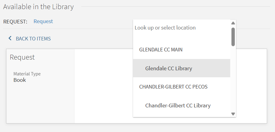 This page shows a dropdown of different library pick-up options on the details page