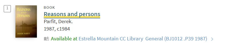 This is an image of the title Reasons and Persons on the results page.