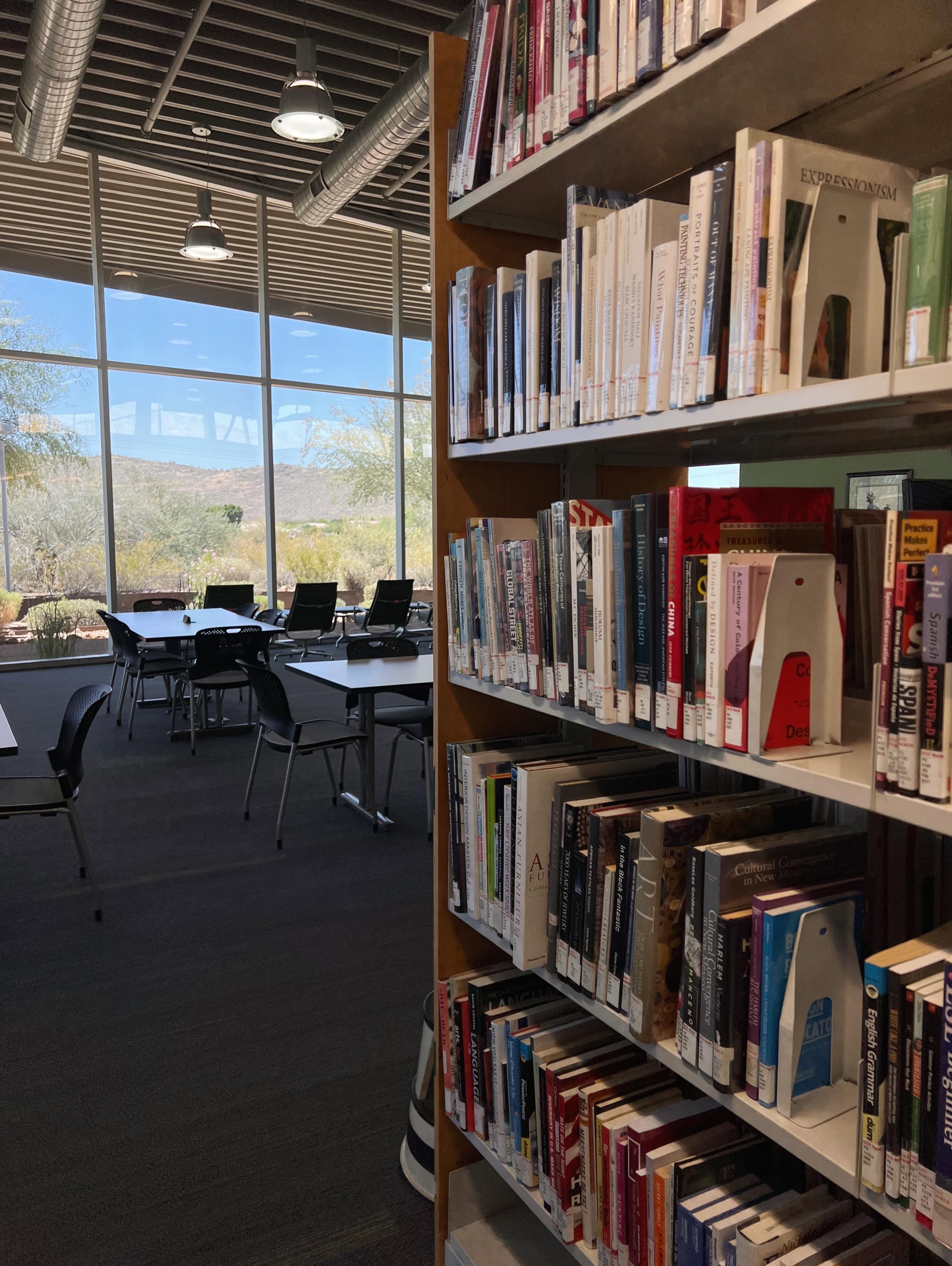 Bookshelves inside the Glendale Community College Library