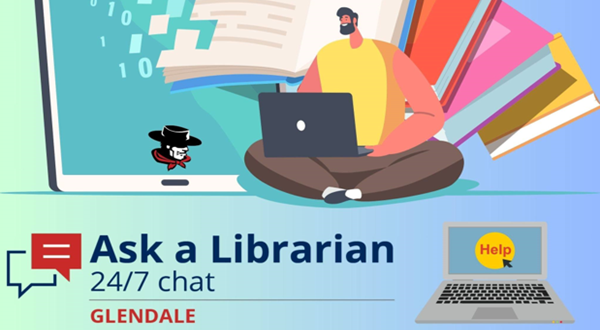 Colorful illustration of a person on a computer chatting with a librarian