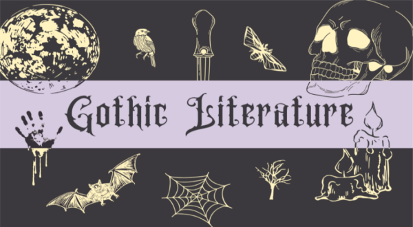Gothic Literature Image featuring gothic imagary like a skull, burning candles, bats, and webs