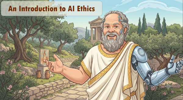 Photo of a smiling Robot Socrates introducing AI Ethics Tutorial