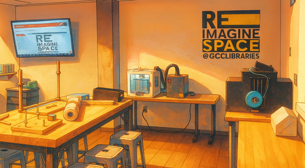 Colorful illustration of the GCC Library Reimagine Makerspace