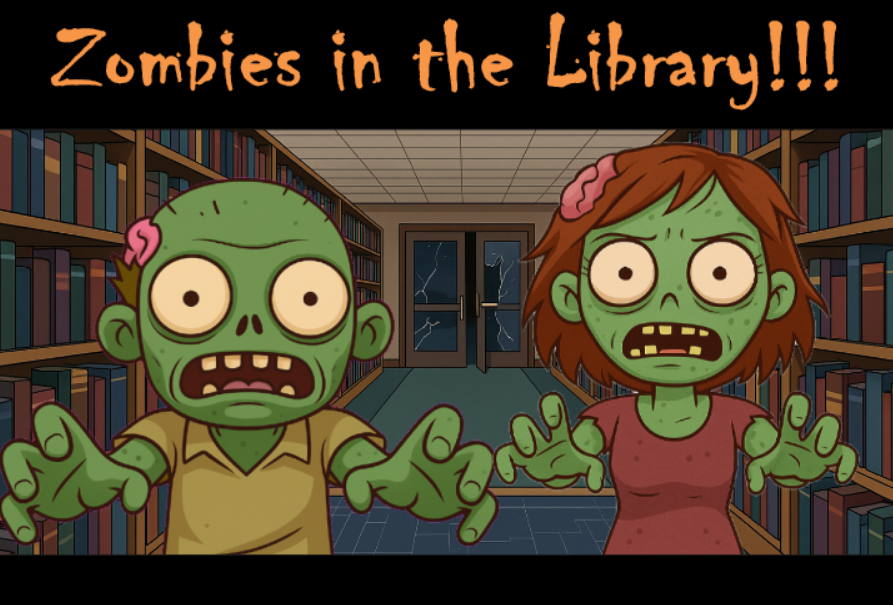 Cartoon Images of Zombies coming towards the screen in the library